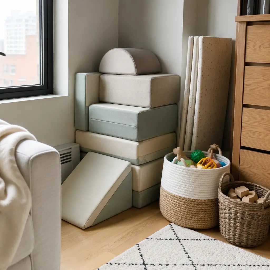 Modular toddler play cushions stored neatly in a small home