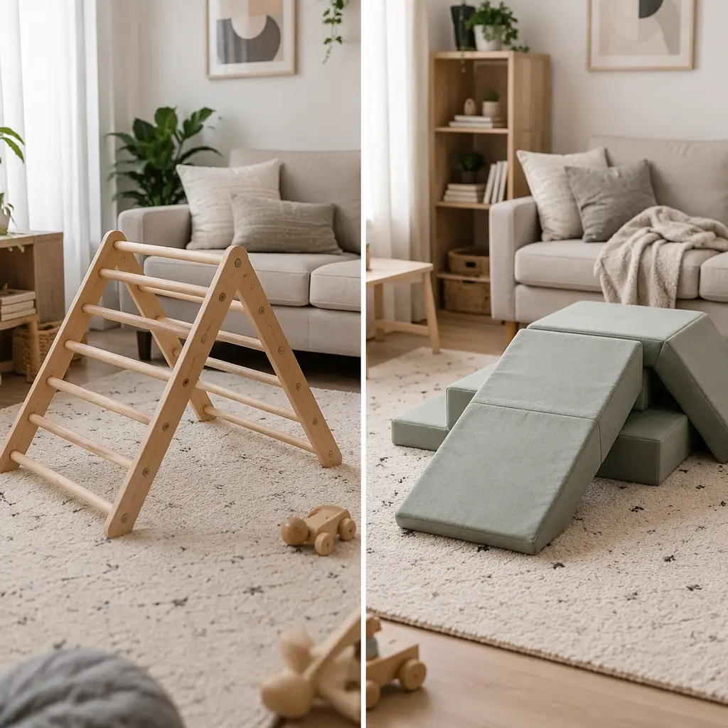 Wooden indoor climbing toy and modular play cushions in a small living room