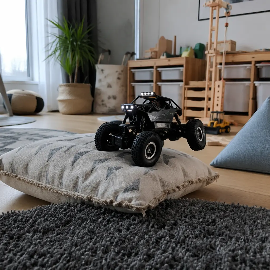Small indoor RC crawler toy driving over cushions in a living room