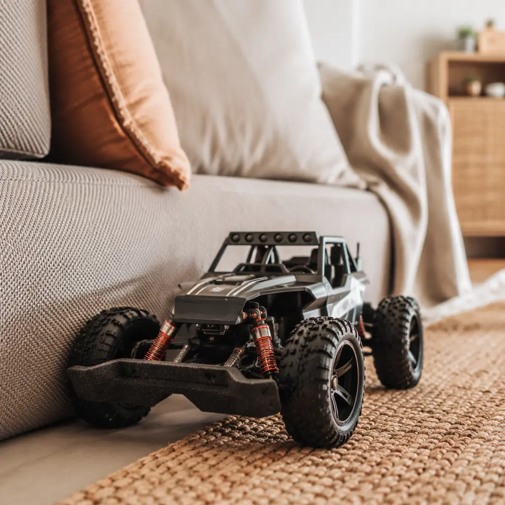 Soft-bumper RC car beside cushions and rug in a living room