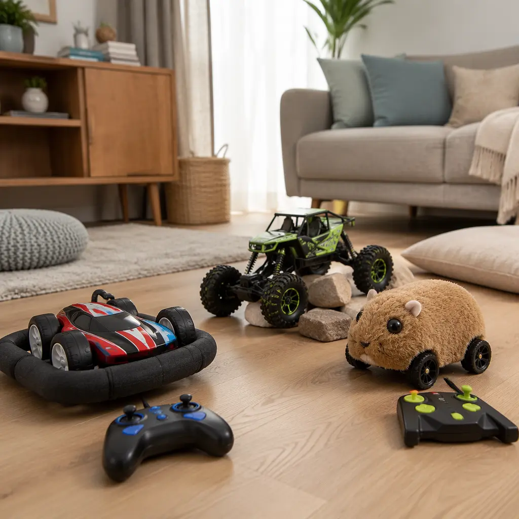 Beginner-friendly indoor remote-control toys on a living room floor with soft lighting