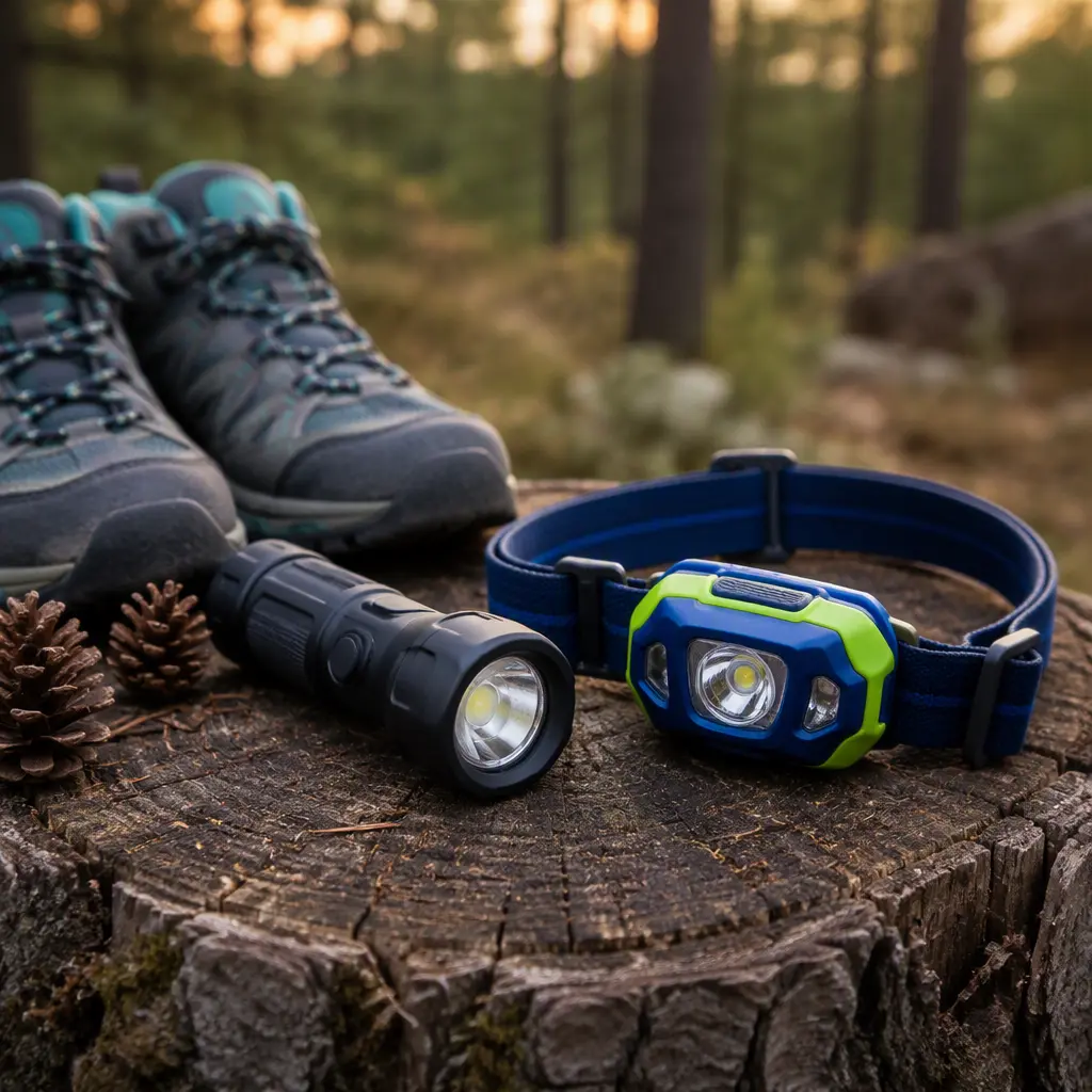 Durable flashlight and headlamp beside outdoor gear in soft evening light