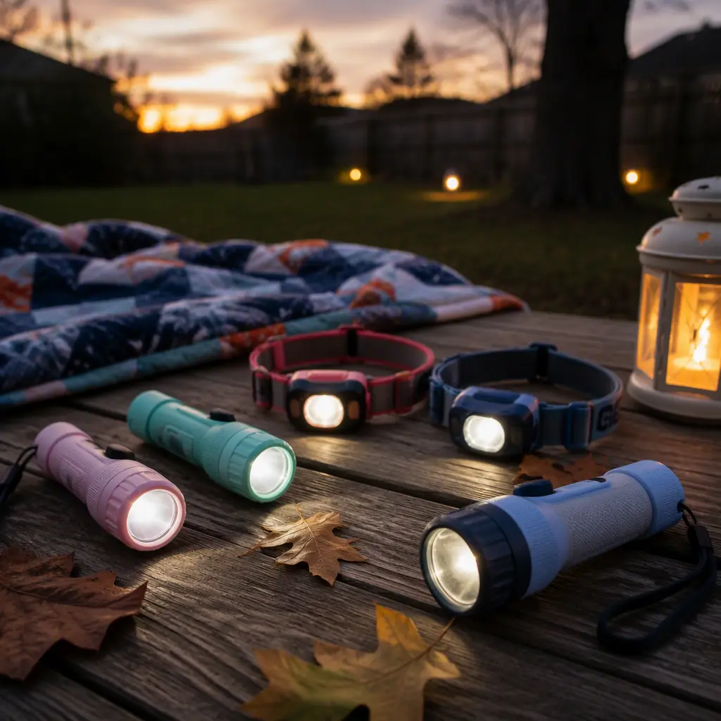 Child-sized flashlights and headlamps on a picnic table outdoors at dusk
