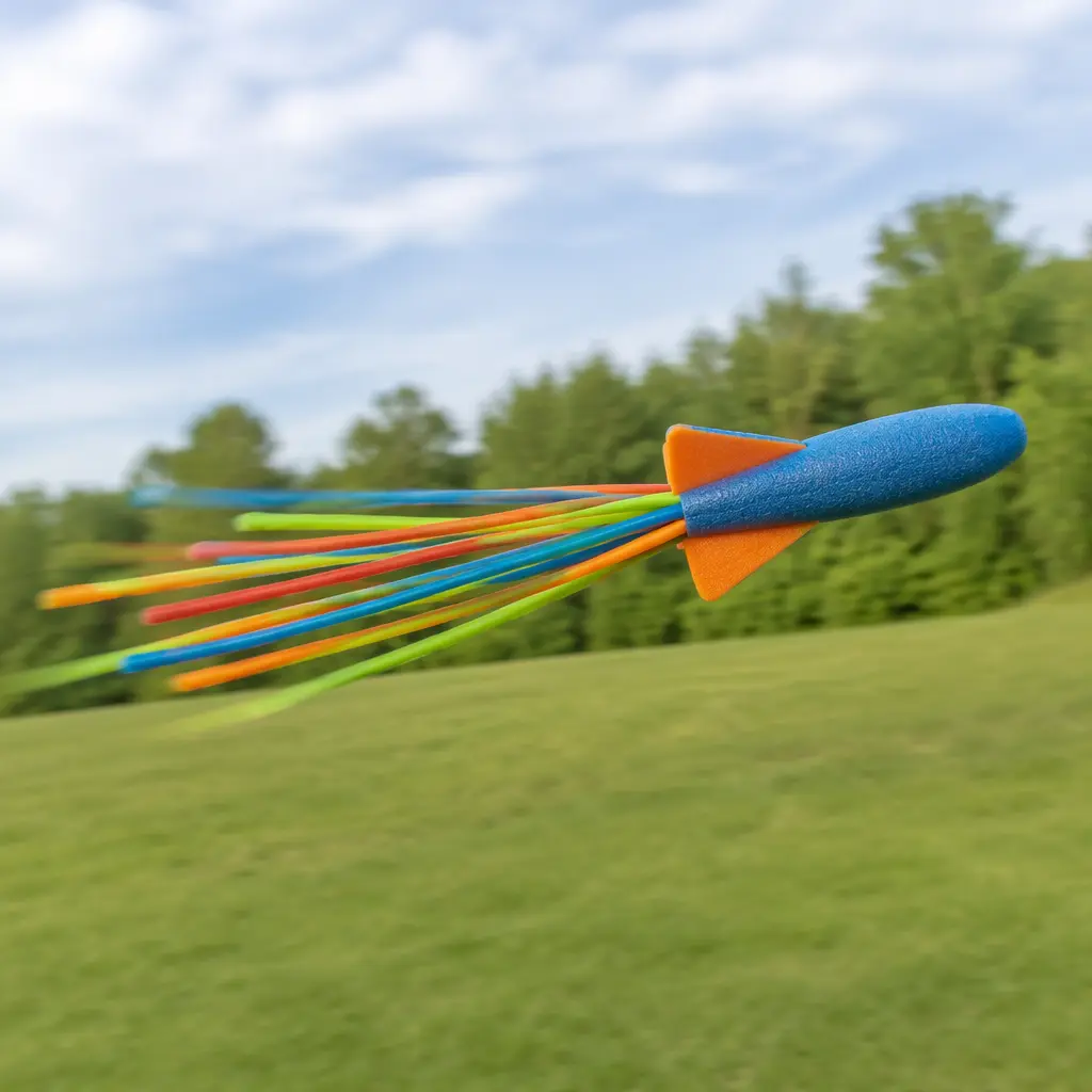 Foam aerodynamic throwing toy flying across a grassy field