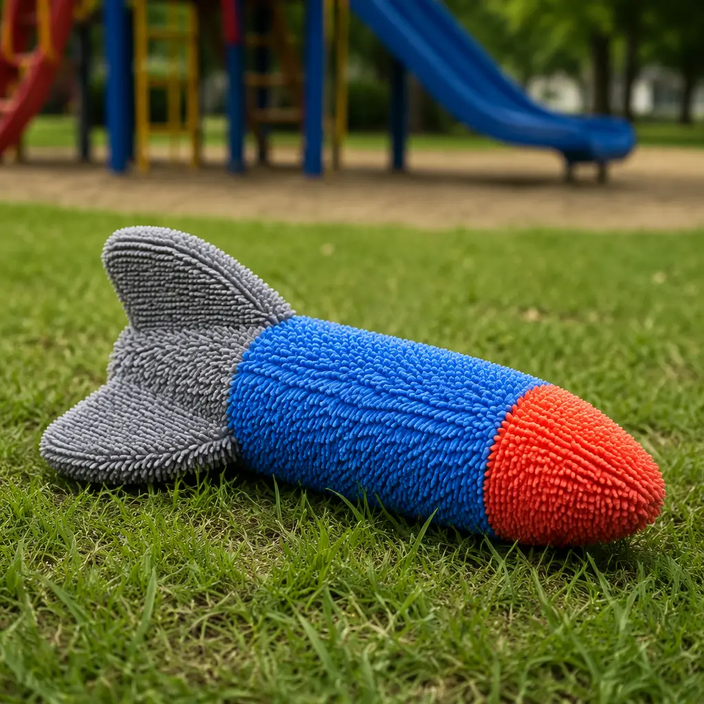 Soft foam throwing toy with finned tail resting on grass near a playground