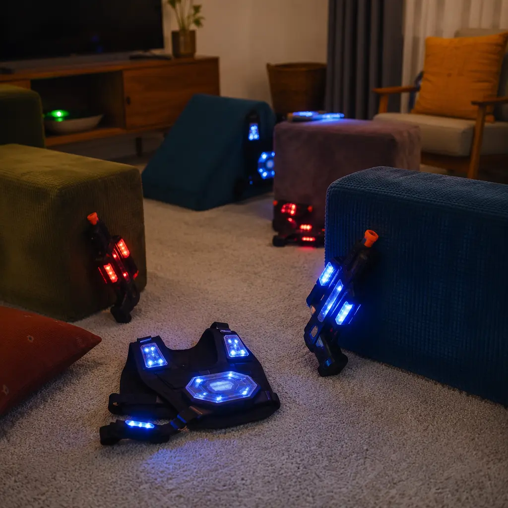 Laser-tag style play setup arranged in a family room obstacle course