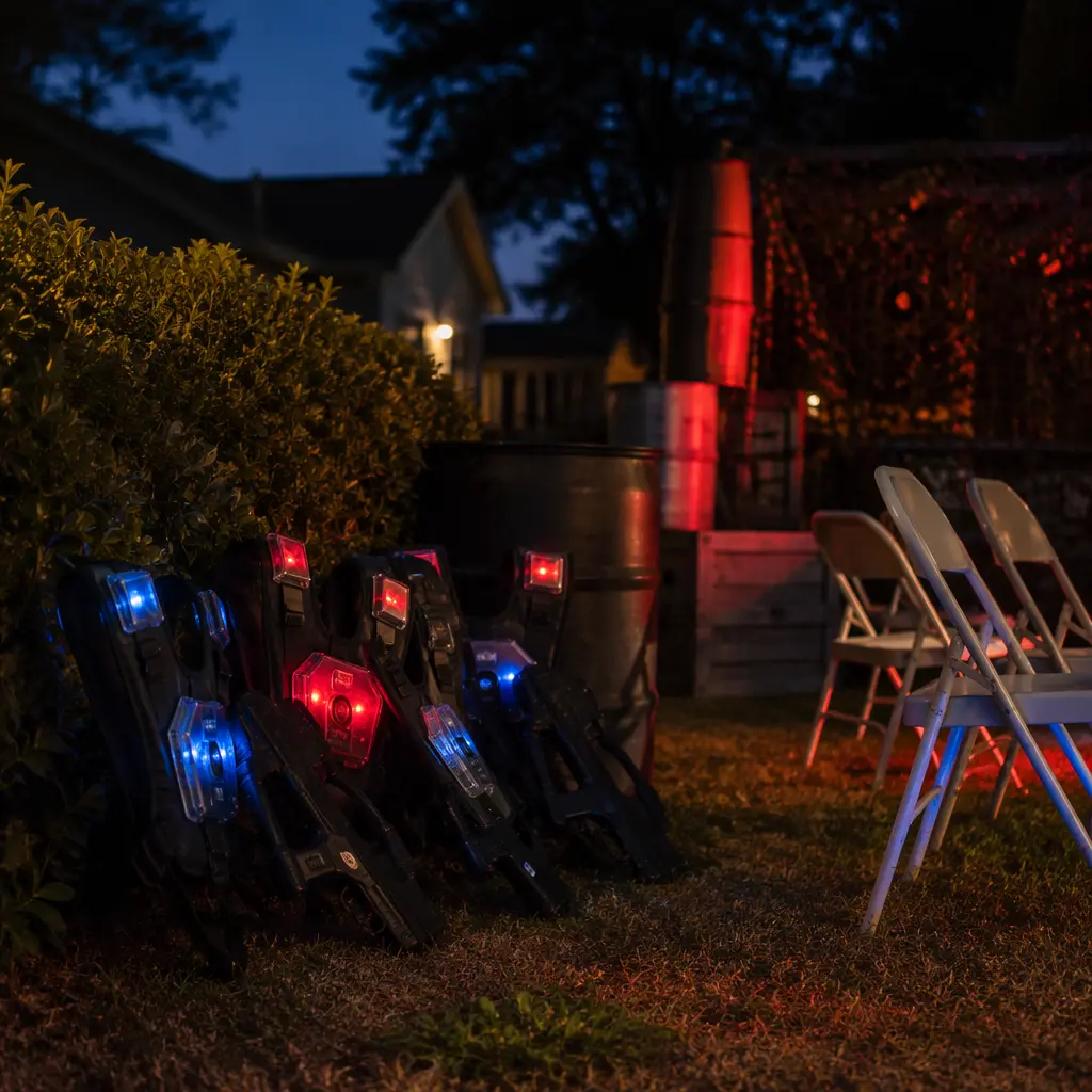 Laser-tag style equipment arranged for outdoor nighttime play