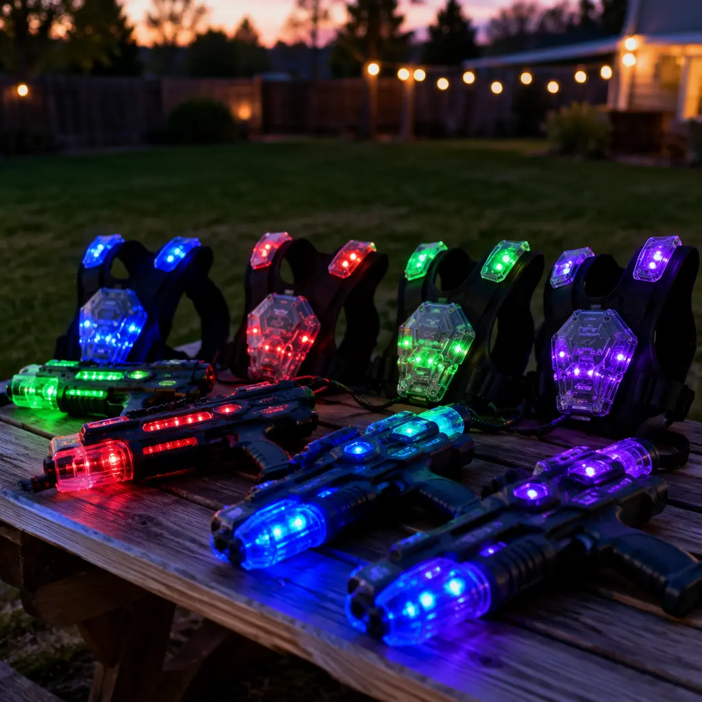 Laser-tag style toy blasters and wearable receivers arranged outdoors at dusk