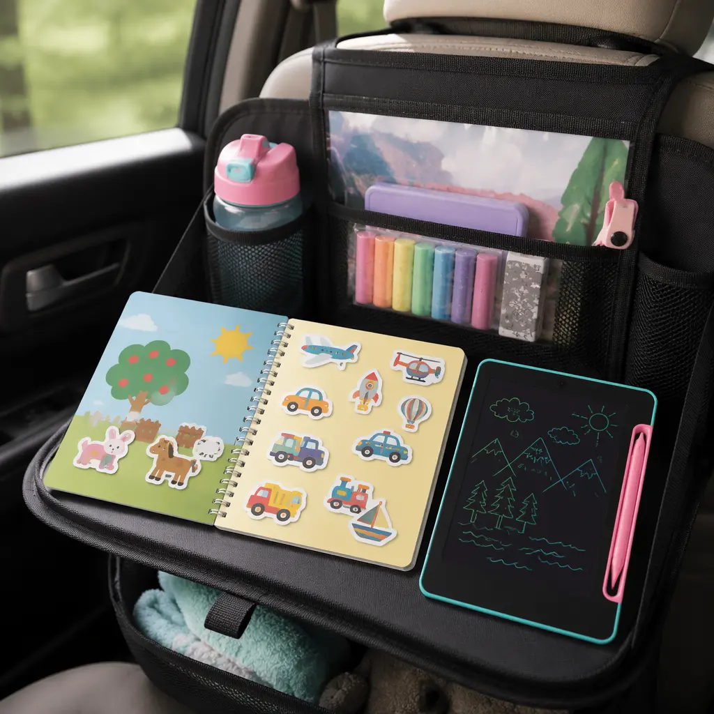 Travel activity setup with sticker book and LCD tablet in a car backseat organizer