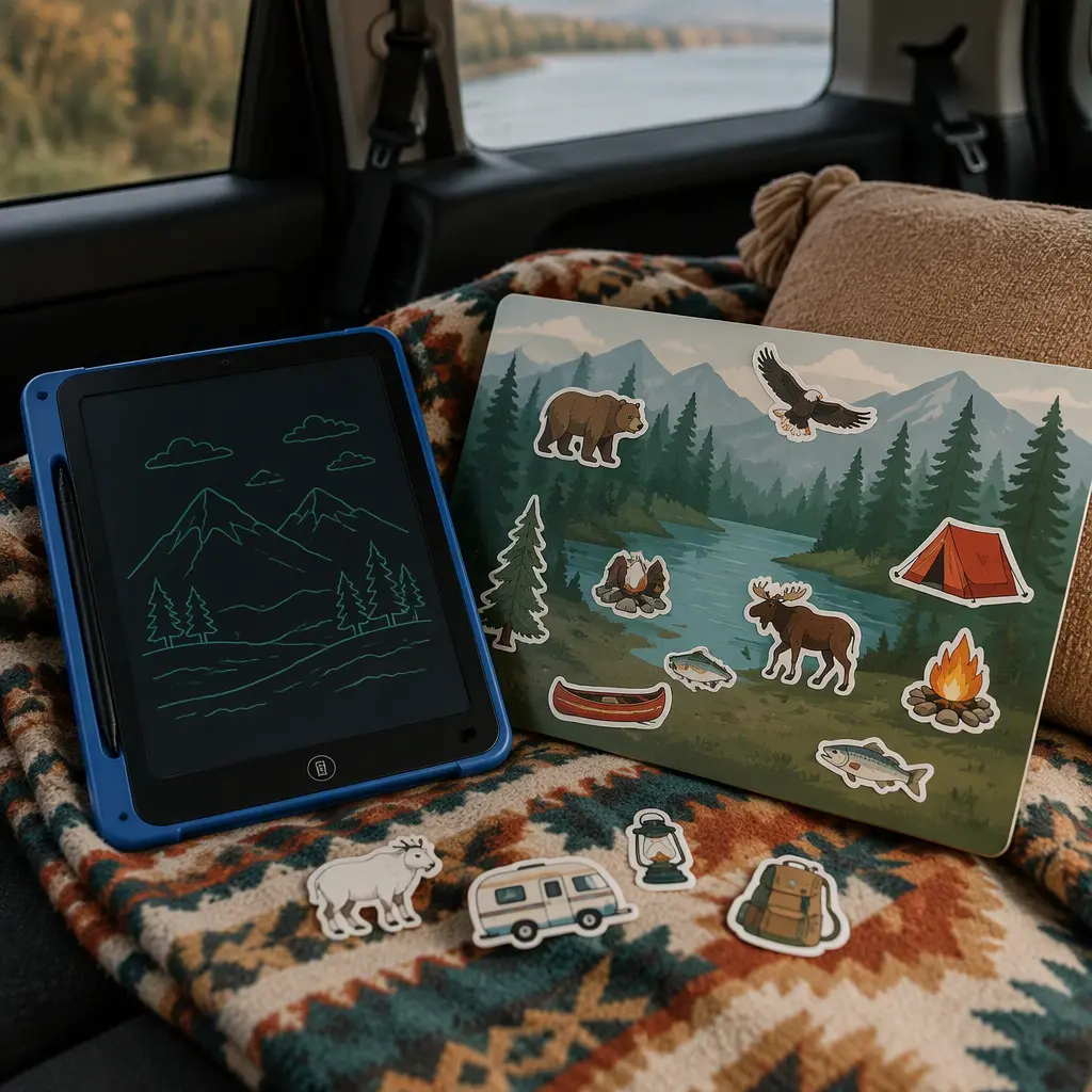 Reusable stickers and LCD doodle tablet prepared for a family road trip