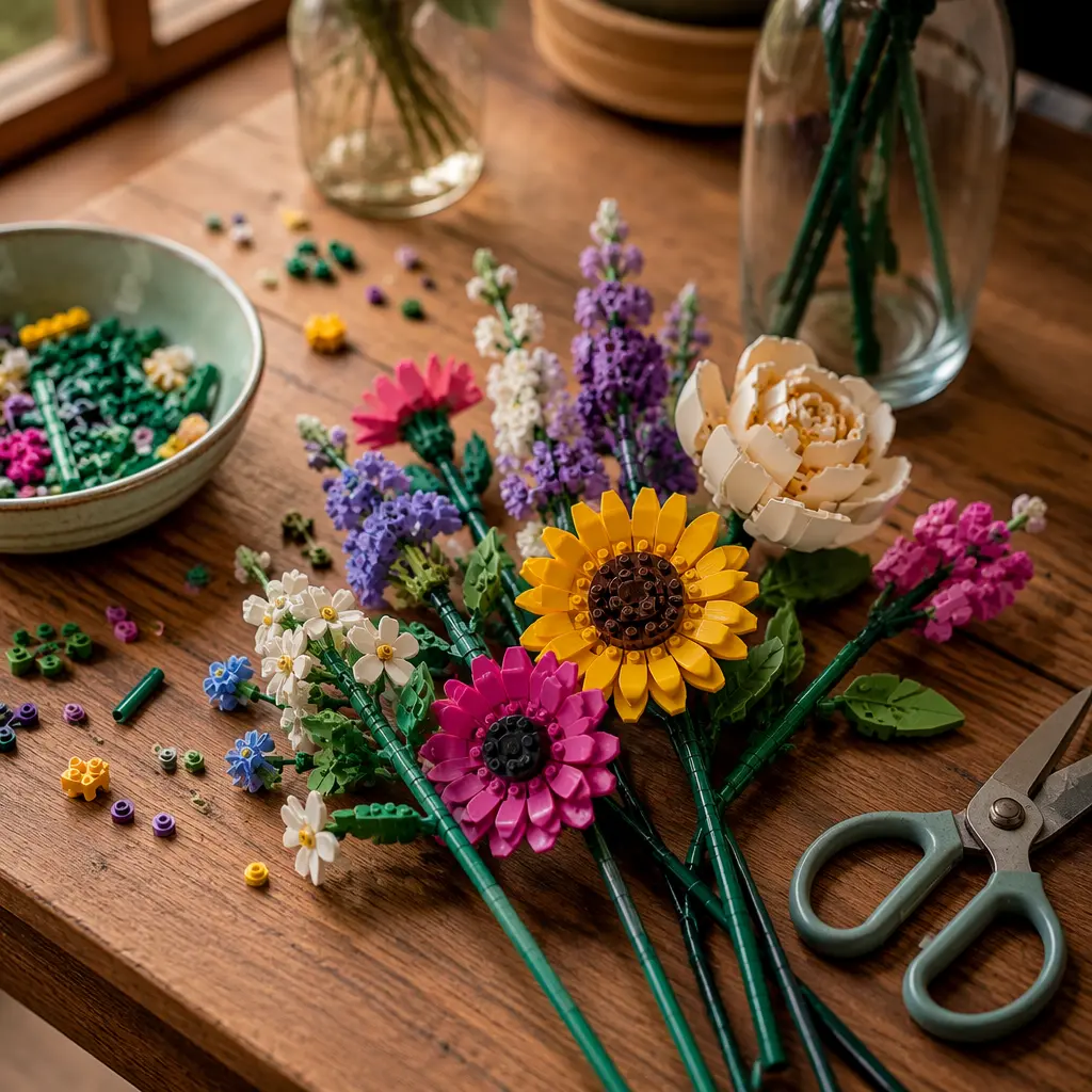 Partially assembled brick flower bouquet on a wooden table