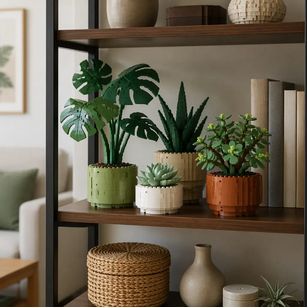 Brick-built potted plants displayed on a modern bookshelf