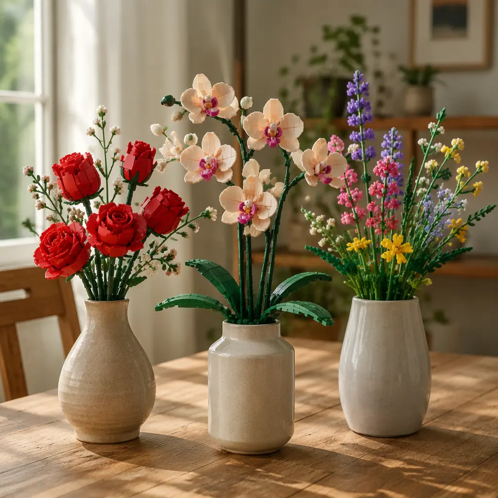 Brick-built flower arrangements displayed on a dining table in natural light