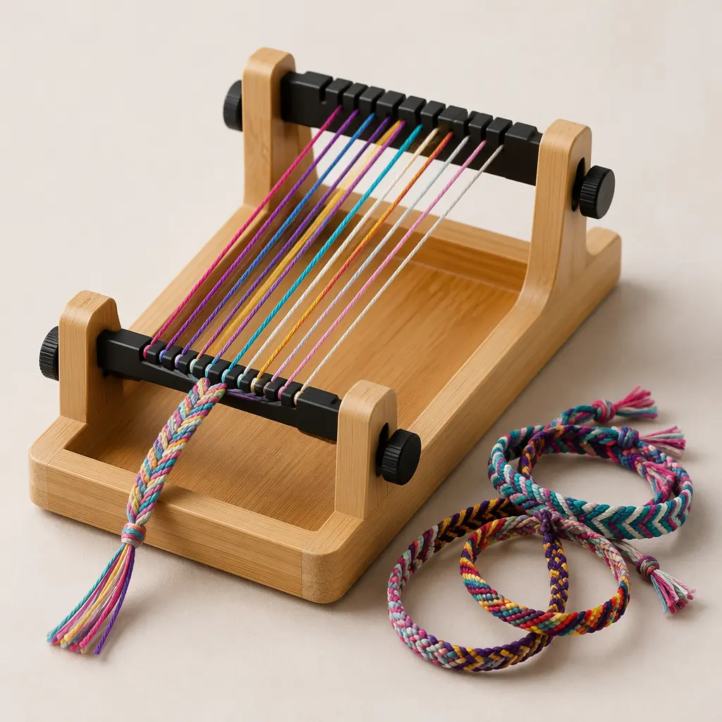 Bracelet-weaving loom with colorful woven bracelets displayed nearby