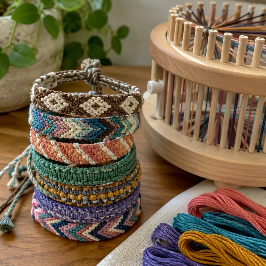 Handmade woven bracelets beside a compact bracelet-making loom