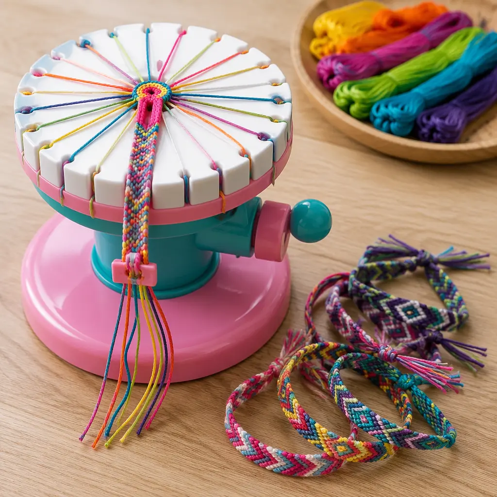 Colorful bracelet-weaving craft tool with threads and finished woven bracelets on a tabletop