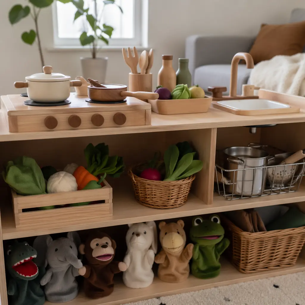 Pretend play toys organized on shelves in a cozy home play area