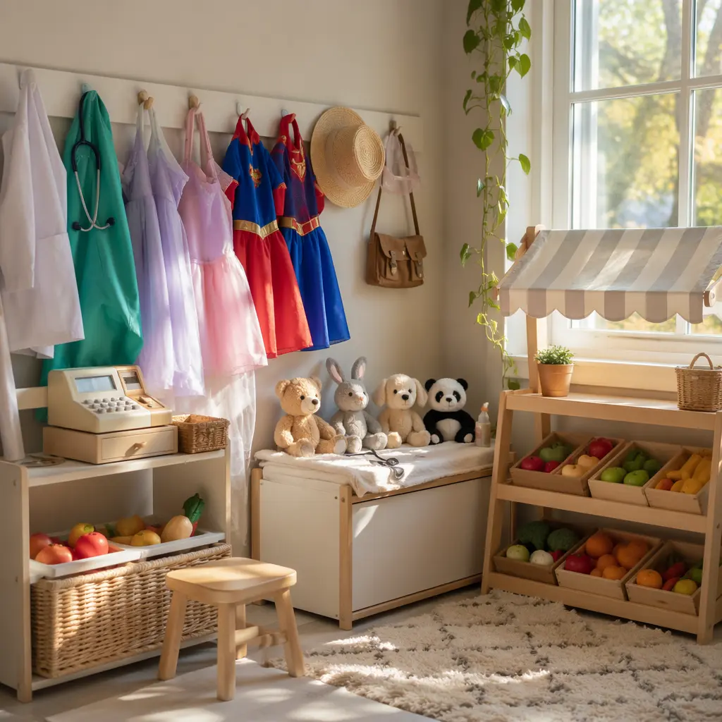 Dress-up and pretend market toys in a bright preschool play corner