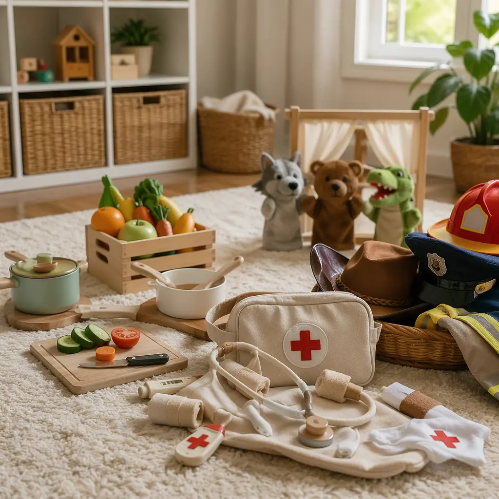 Screen-free pretend play toys arranged in a bright modern playroom