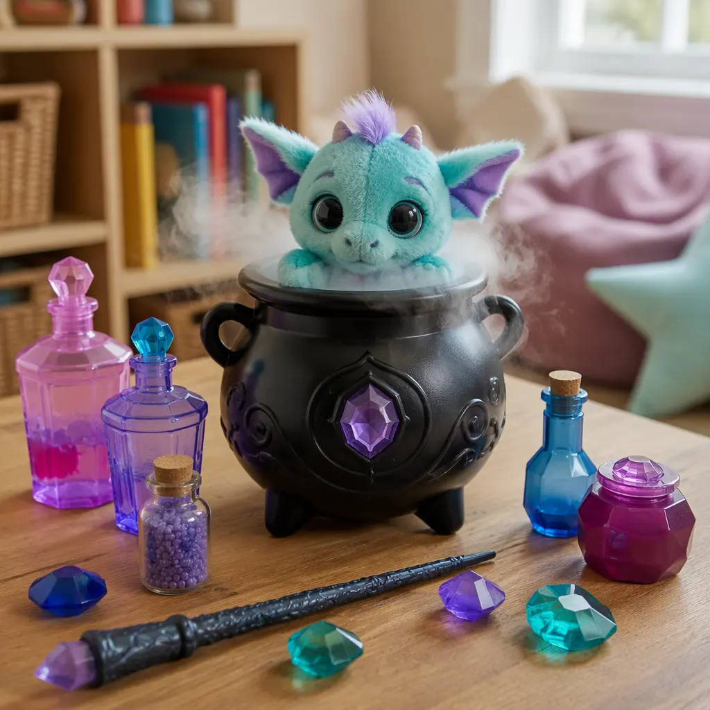 Potion-themed toy cauldron setup with fantasy creature and accessories