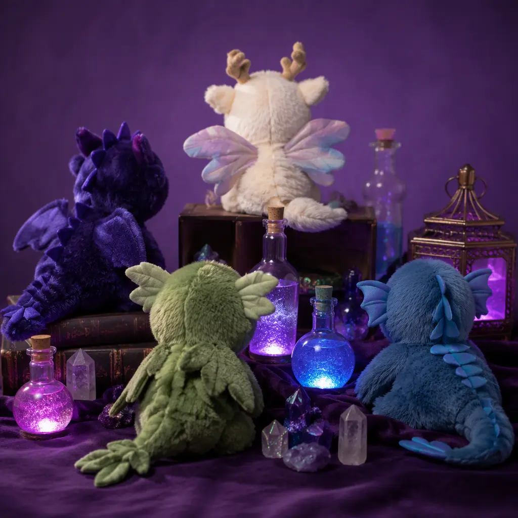 Fantasy-themed plush toy creatures with potion accessories