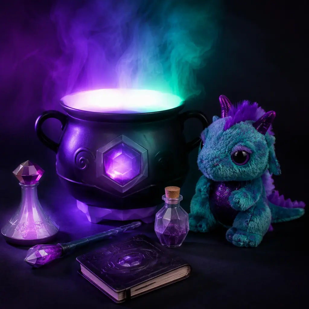 Toy cauldron with glowing mist and a fantasy creature beside potion accessories