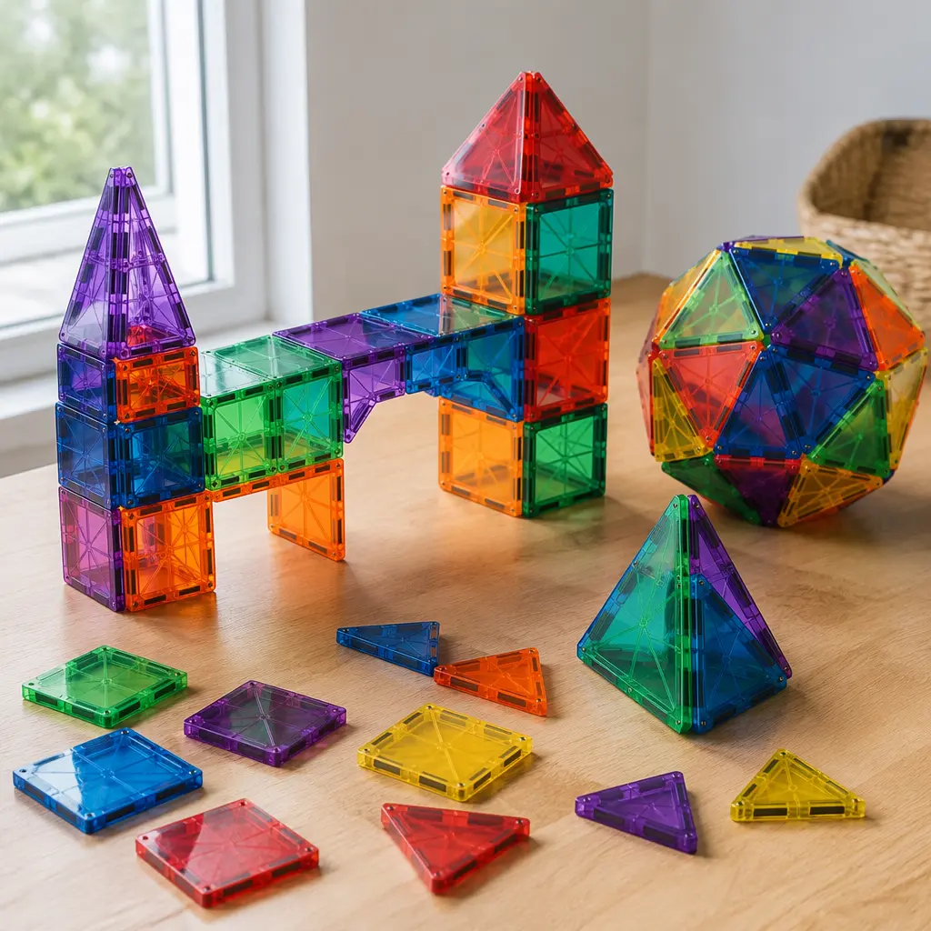 Magnetic cube construction pieces arranged into towers and bridge shapes