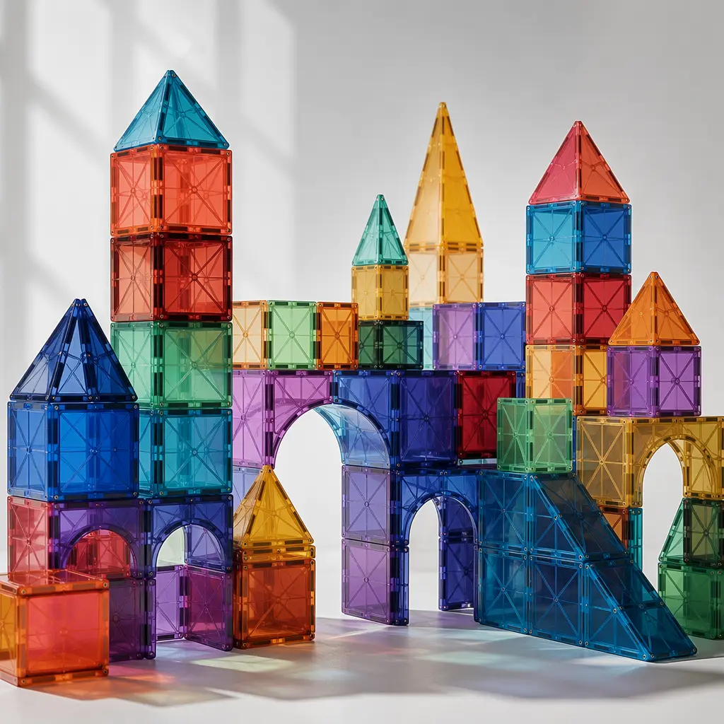 Magnetic cube toys arranged into a small geometric cityscape
