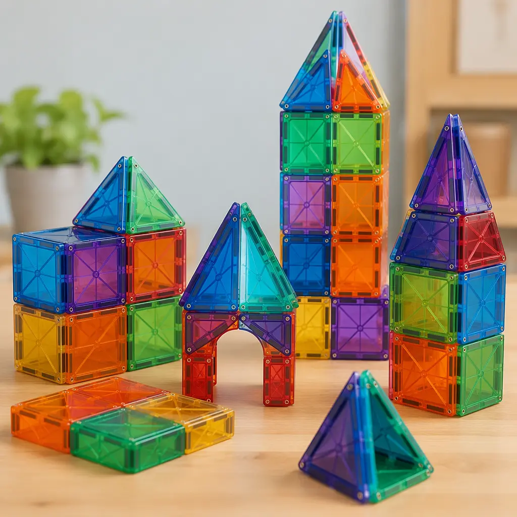 Colorful magnetic cube building tiles assembled into geometric structures on a tabletop