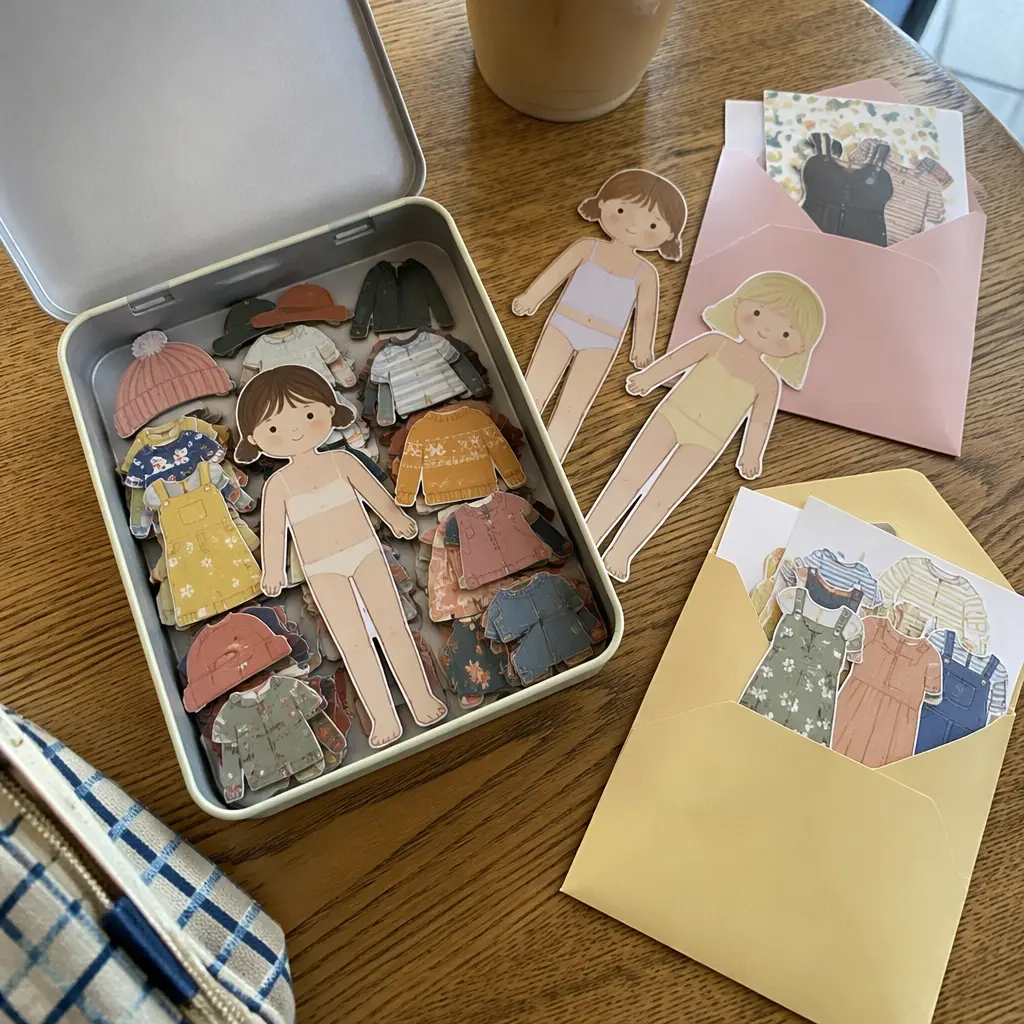 Travel-sized magnetic and paper doll sets organized on a table