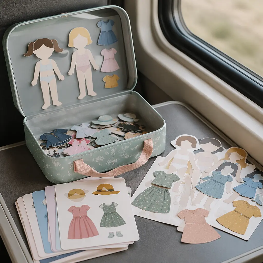 Magnetic dress-up dolls and paper dolls arranged for travel play on a table