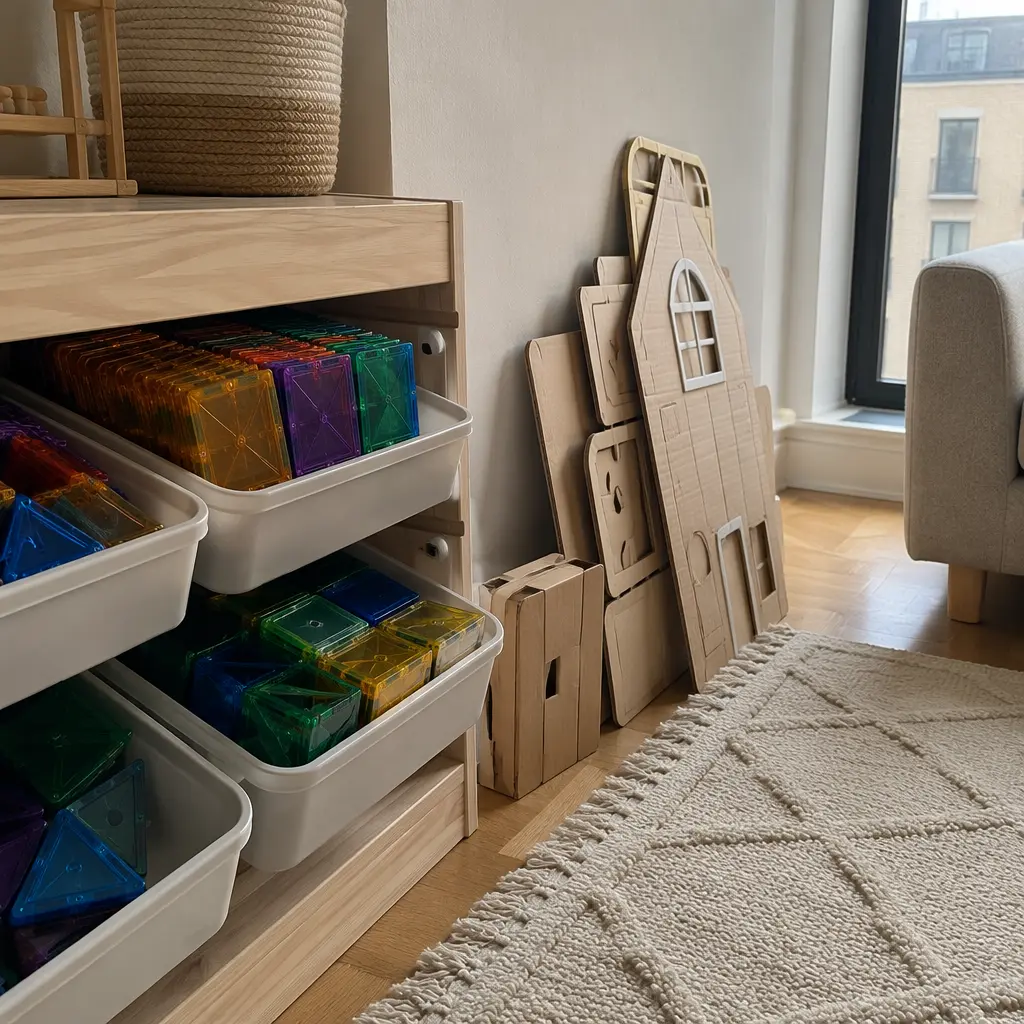 Compact storage setup for magnetic tiles and cardboard blocks in a small play area