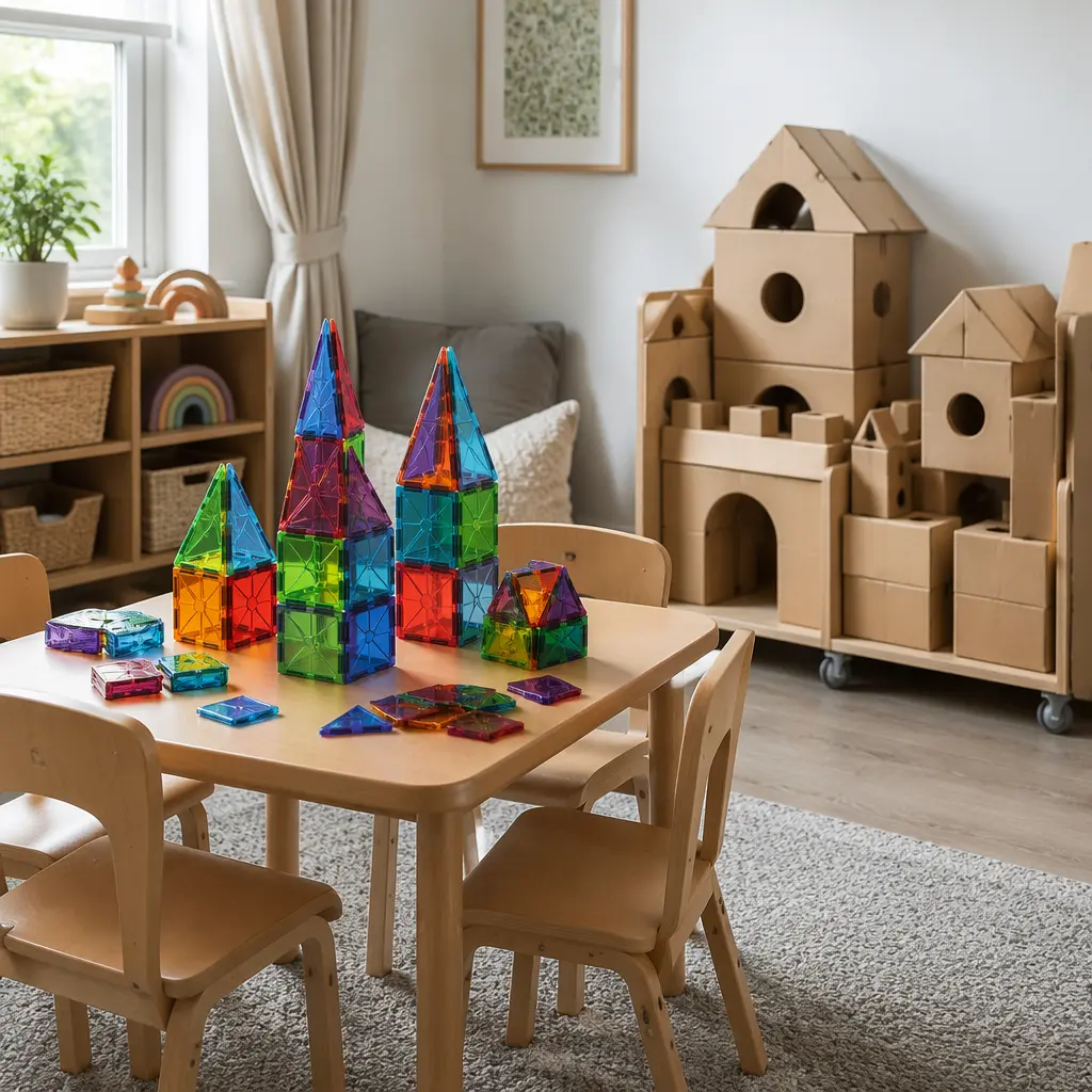 Magnetic tile structures and cardboard block fort pieces in a preschool play space