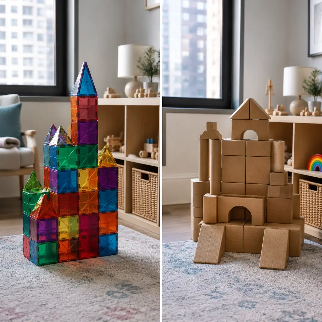 Magnetic tiles and cardboard blocks arranged in a small apartment playroom with storage baskets