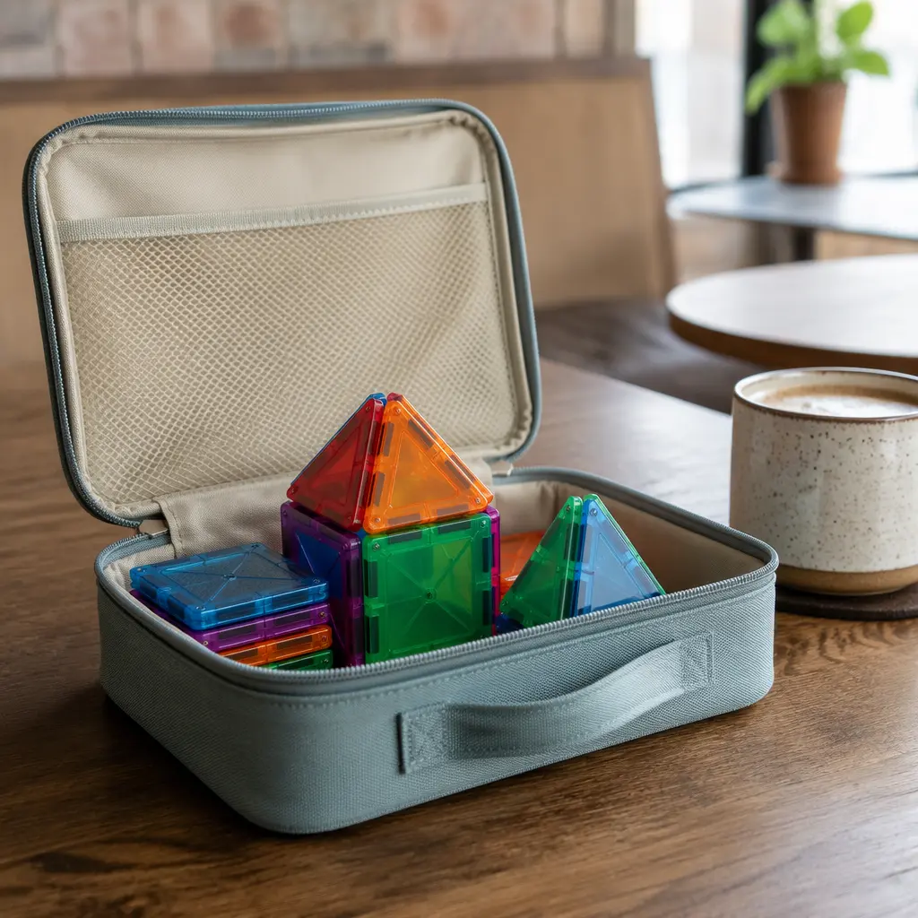 Portable magnetic tile set packed in a travel pouch on a cafe table