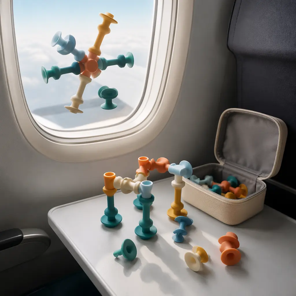 Suction building toys attached to a tray table during travel play