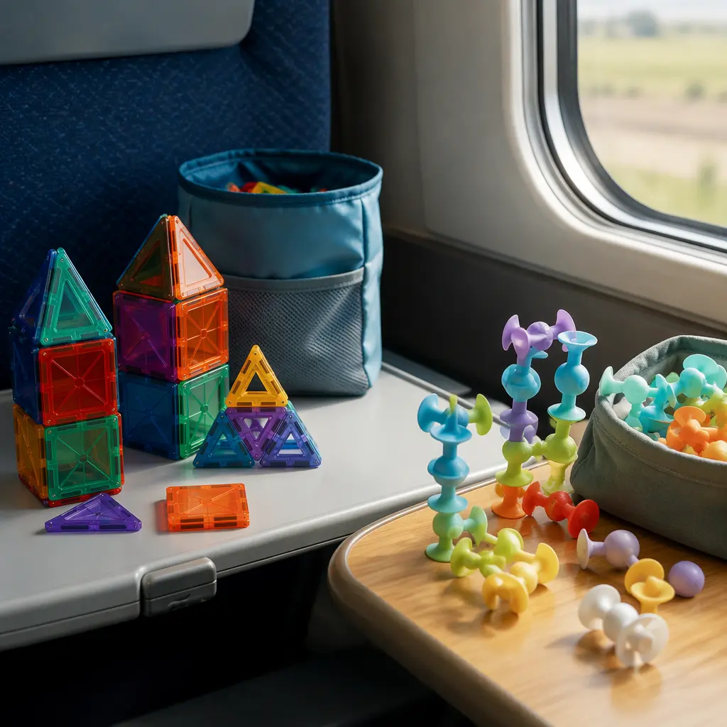 Magnetic tiles and suction building toys arranged for portable travel play on a tray table