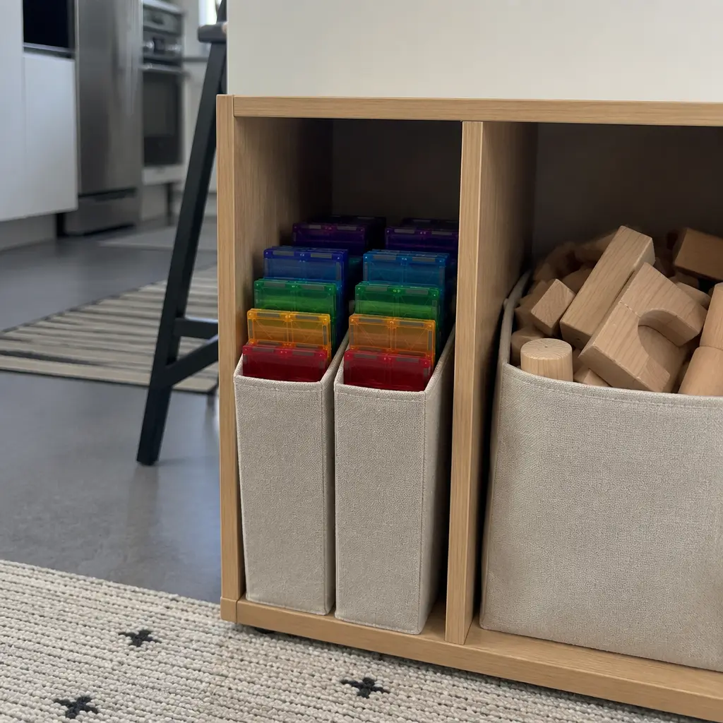 Compact toy storage with magnetic tiles and wooden blocks in a small apartment.