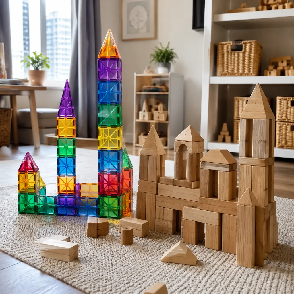 Magnetic tile towers and wooden block structures in a small apartment play area.