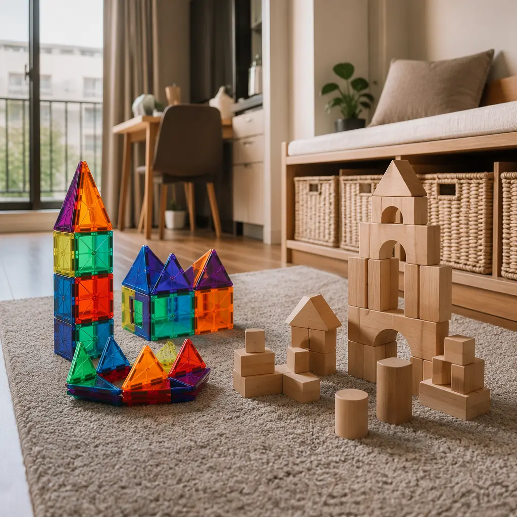 Magnetic tiles and wooden blocks arranged in a small apartment play area with compact storage.