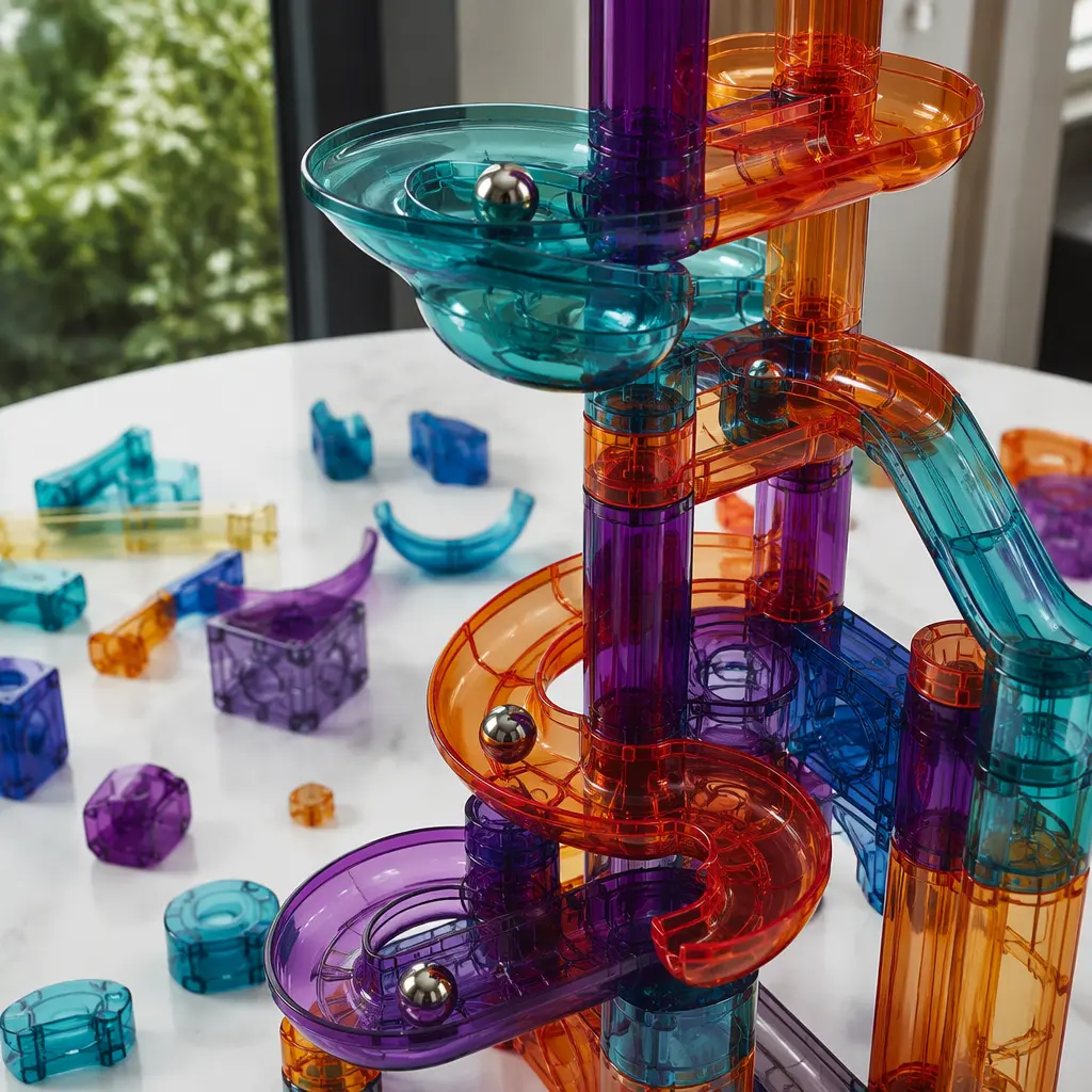 Close-up of translucent marble run pieces connected into a tall track system