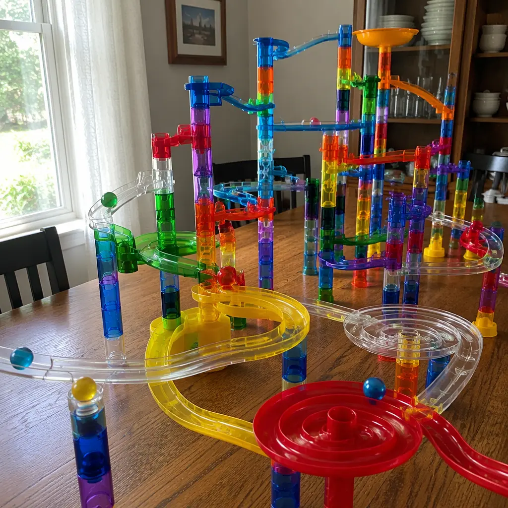 Large marble run setup stretching across a table with multiple towers and ramps