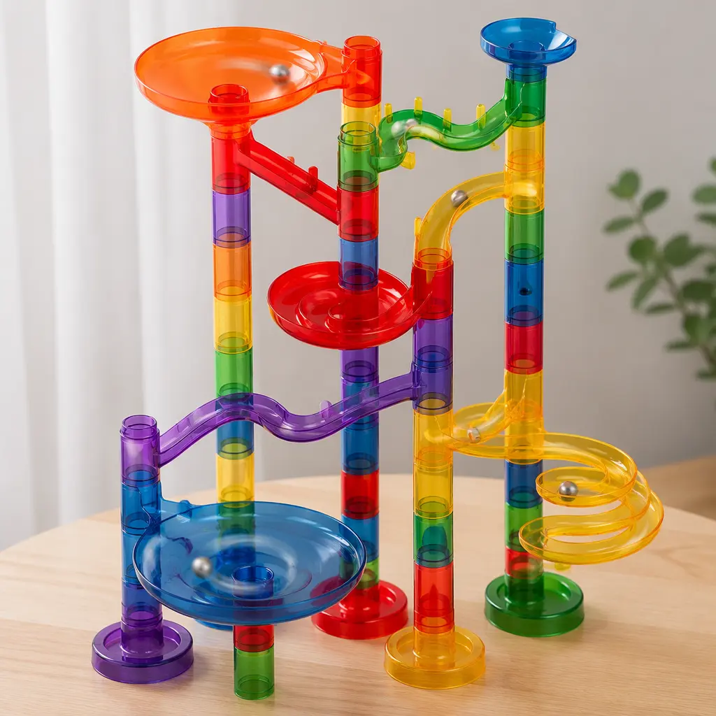 Colorful marble run tower with translucent tracks and steel marbles on a table
