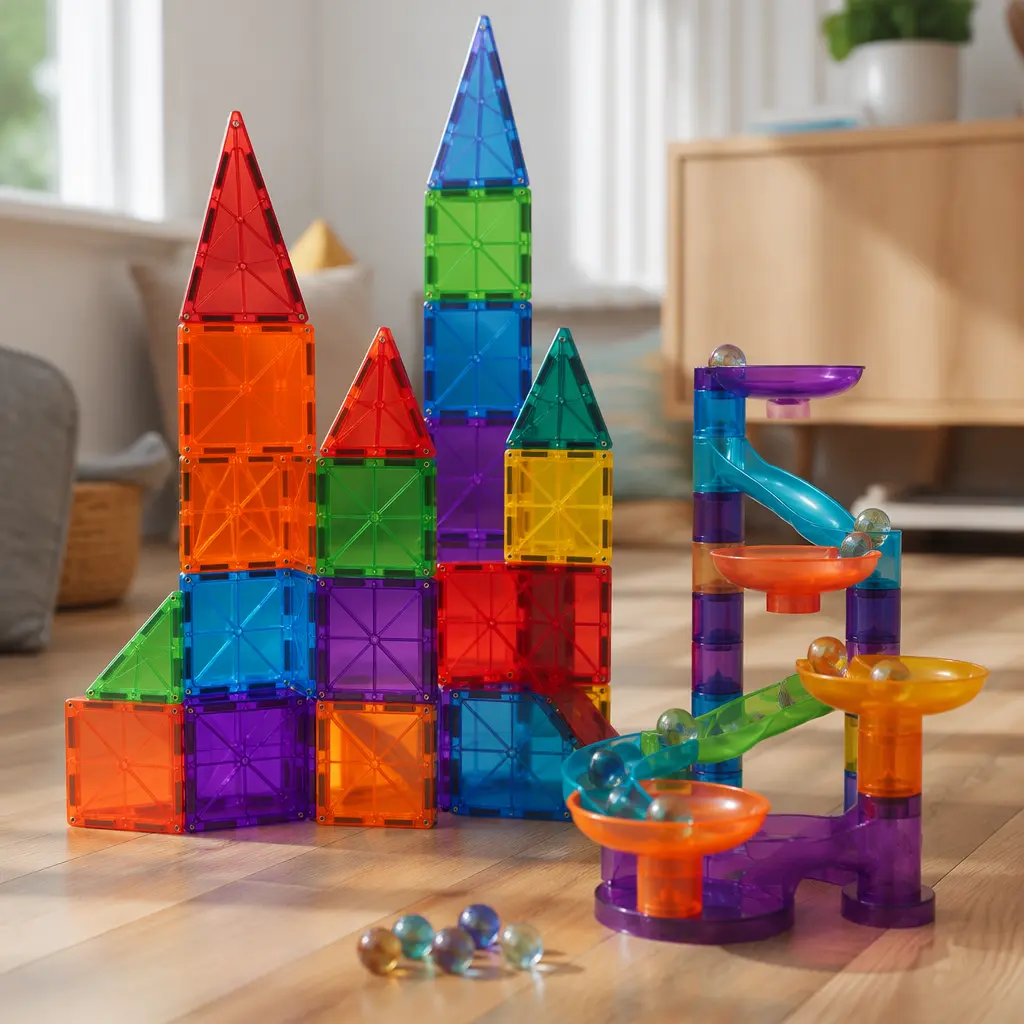 Magnetic tile towers and a marble run arranged on a wooden floor