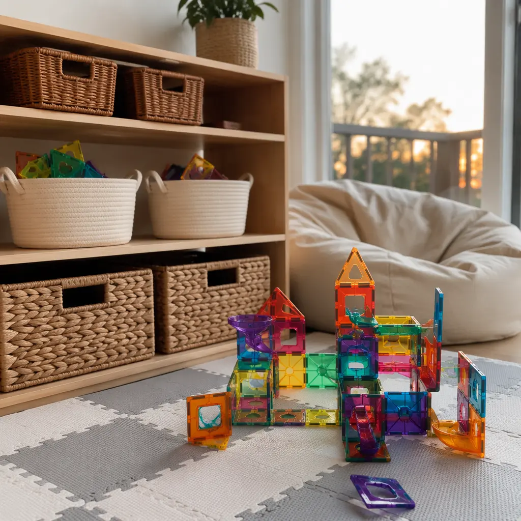 Organized storage area with magnetic tiles and a marble run setup