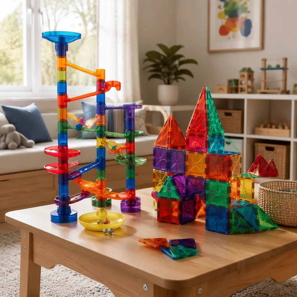 Marble run and magnetic tile structures set up on a playroom table in soft natural light