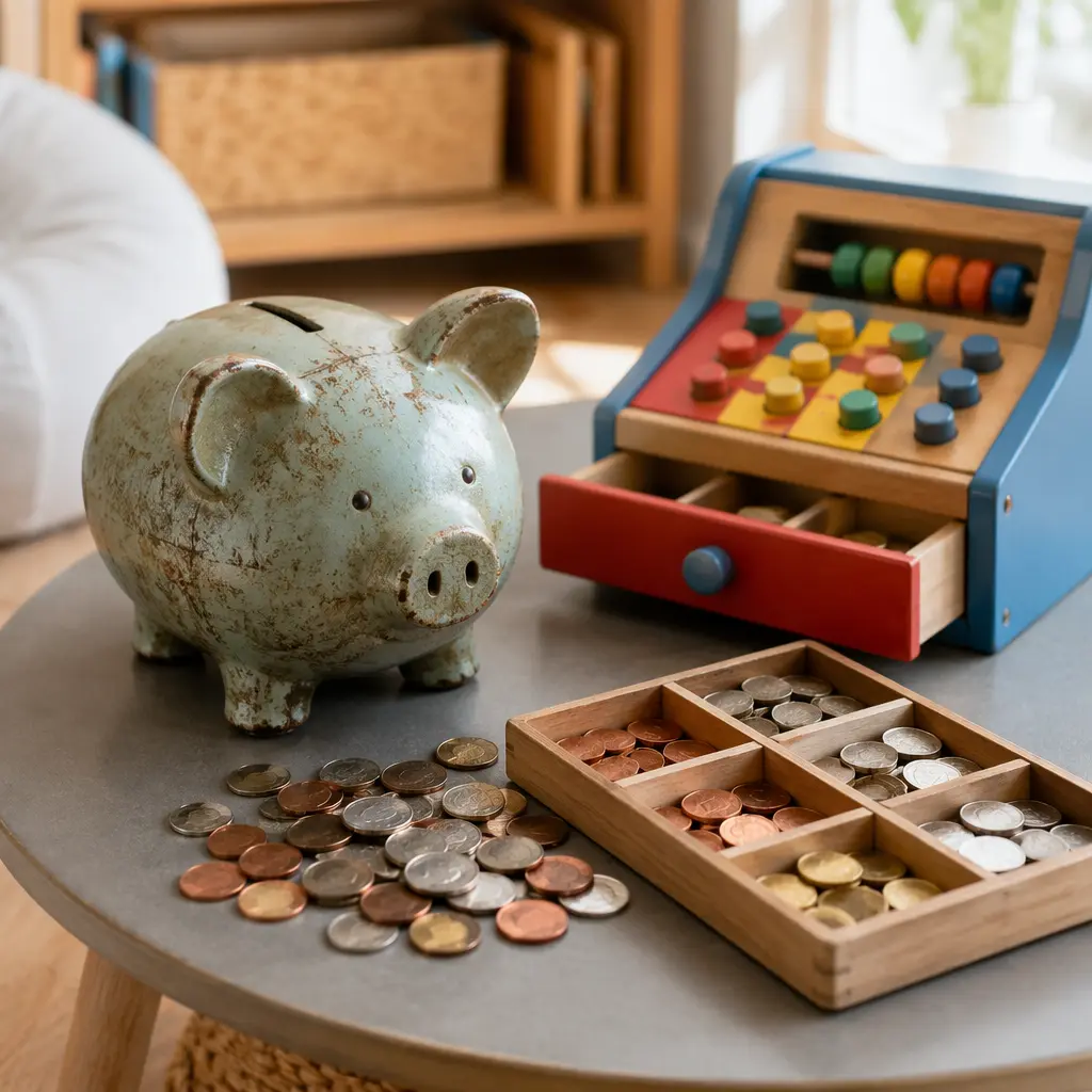 Coins sorted beside a mechanical bank and toy cash register in a softly lit playroom.