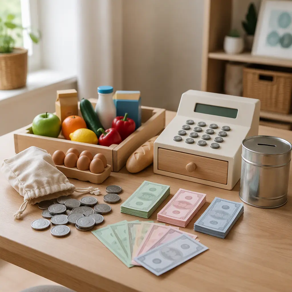 Pretend shopping setup with toy register, savings bank and play money on a table.