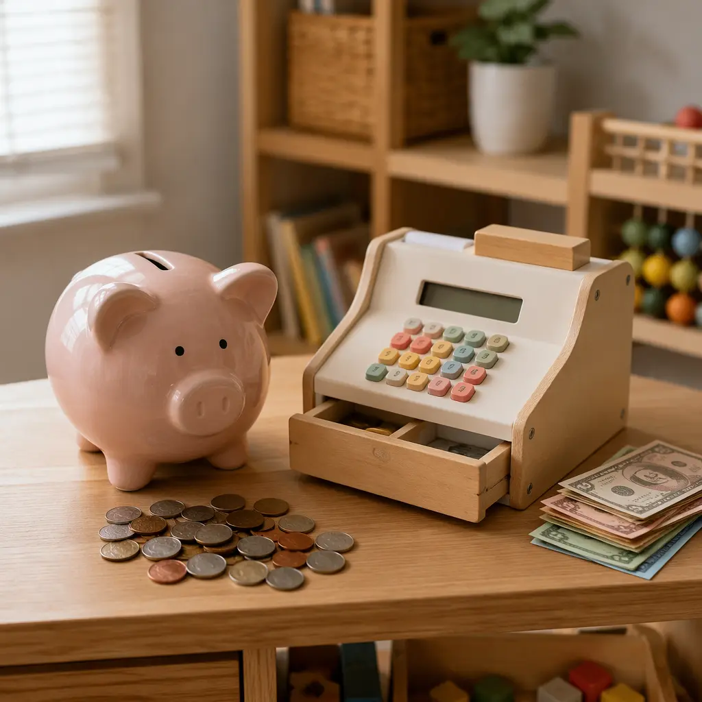 Mechanical coin bank and toy cash register arranged on a playroom shelf with pretend money.