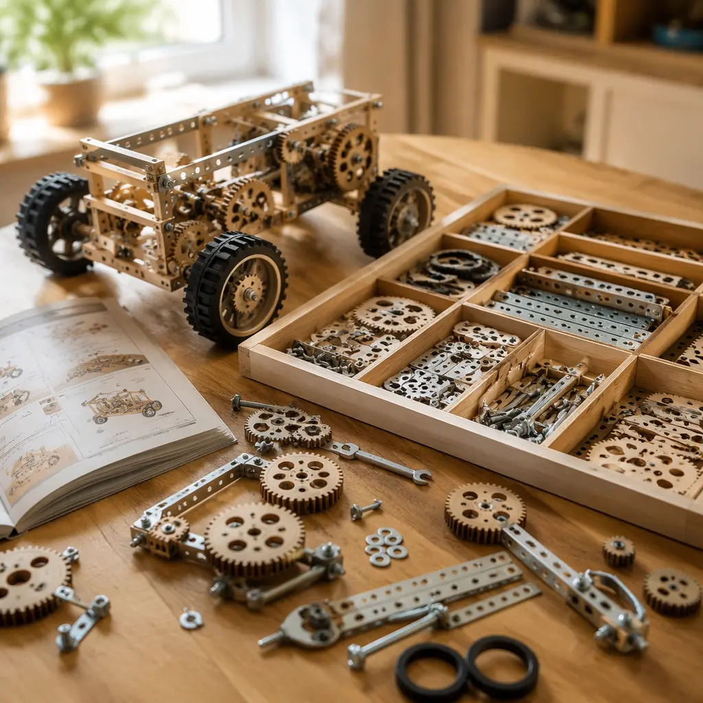 Wooden and metal engineering kit pieces arranged neatly on a table